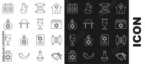 Set line Olives branch, Torah scroll, Jewish calendar, Orthodox jewish hat, Burning candle, Tombstone with star of david and goblet icon. Vector