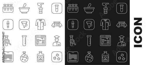 Set line Bacteria, Laboratory assistant, Electronic scales, Test tube and flask, Funnel filter, Pipette, and uniform icon. Vector