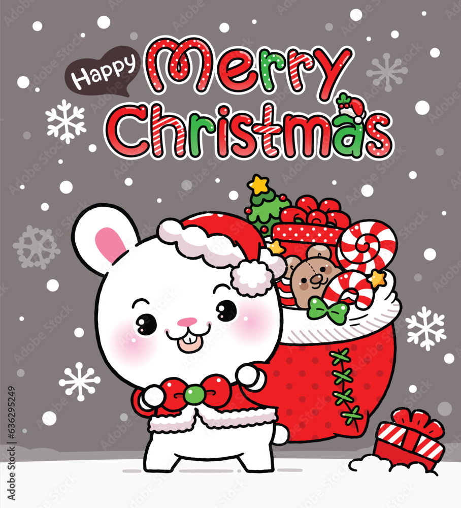 Naklejka premium Cute Baby Rabbit in Santa Claus costume is carrying a red gift bag at Christmas Night, Cartoon Kawaii Style