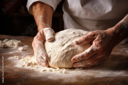 Leinwand Poster Bakers hands kneading dough for artisan bread