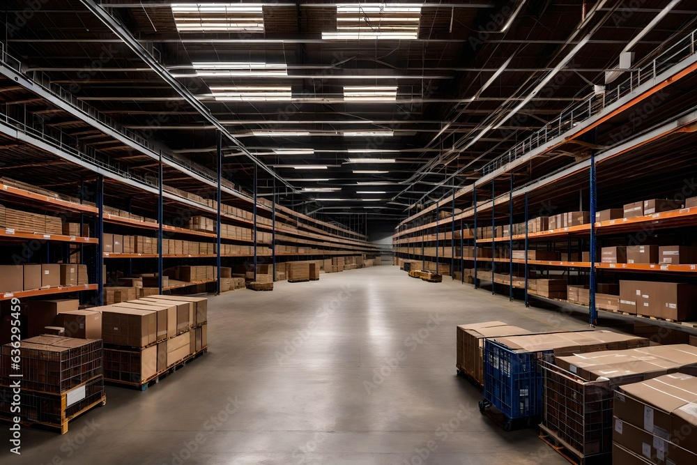 warehouse shelves with boxes, Empty conveyor belt point of view, empty shelves in large shipping warehouse