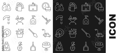 Set line Stain on the tablecloth, Lawn mower, Mop, Washbasin, Iron and ironing board, Shower head, Garbage bag and Bottle of liquid soap icon. Vector