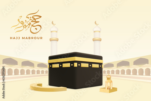 Hajj. Eid Mubarak. Umrah pilgrimage. Adha and Kaaba. Haj or Haji. Ramadan festival. Umroh mosque. Greeting card. 3D render Islamic temple. Religious holiday poster. Vector background