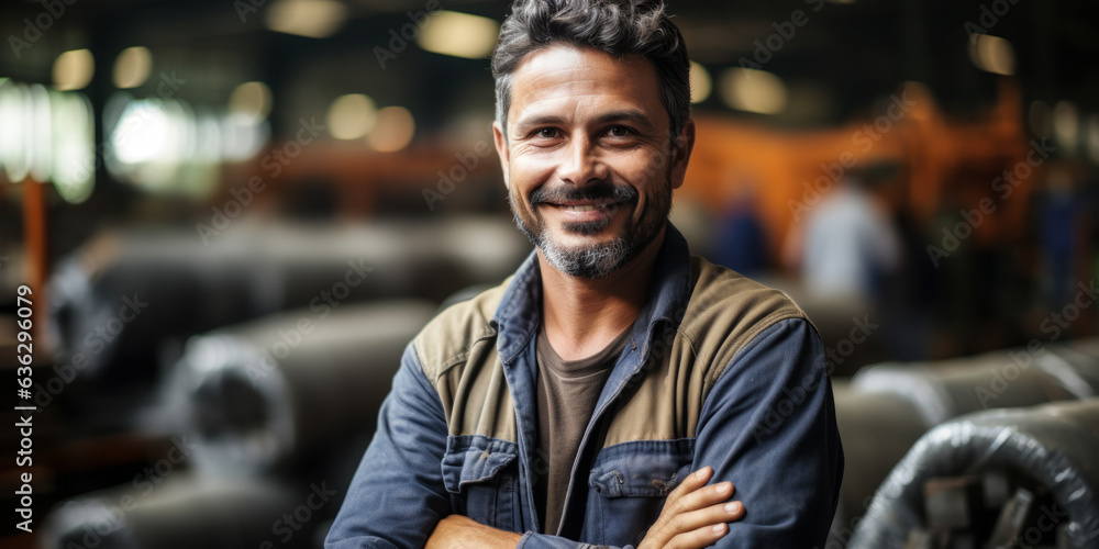 Fototapeta premium Worker in Uniform: Confident Factory Employee Poses