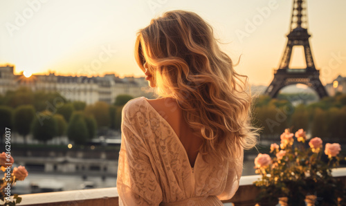 Elegant Chic in Paris: Slim Blond Girl with Eiffel Tower photo