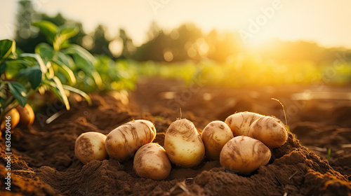 fresh potatoes in a field in summer.
