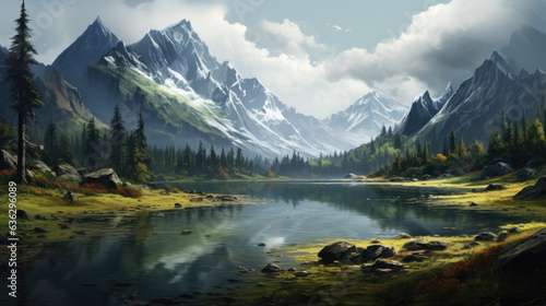 creative illustration of a lake with snowy mountains in the background like in alaska or canada. © jr-art