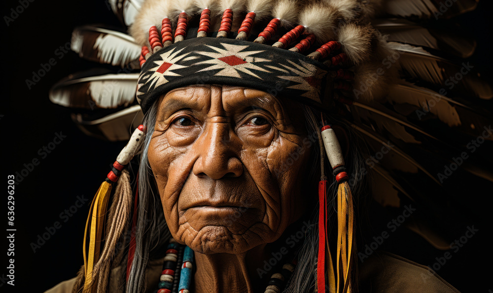 Ancient Wisdom: Old Native American Chief in Feather Headdress