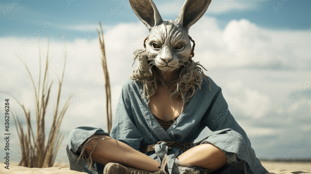 A young pretty woman wearing a rabbit mask sits cross-legged on sand.