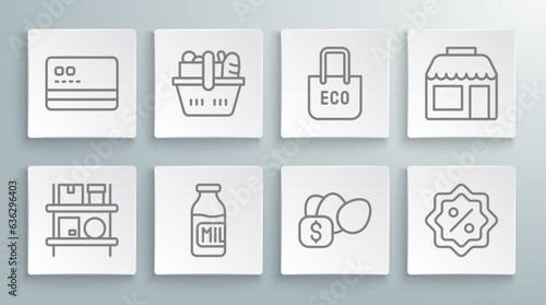 Set line Warehouse interior with boxes, Shopping basket and food, Bottle milk, Price tag for egg, Discount percent, bag recycle, Market store and Credit card icon. Vector