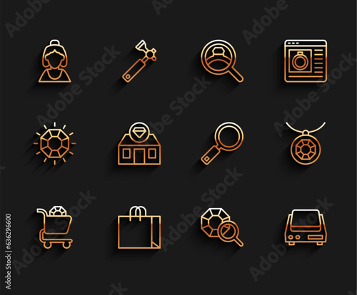 Set line Jewelry online shopping, Shopping bag jewelry, Consultant of store, Gem stone, Electronic scales, Pendant necklace and Magnifying glass icon. Vector