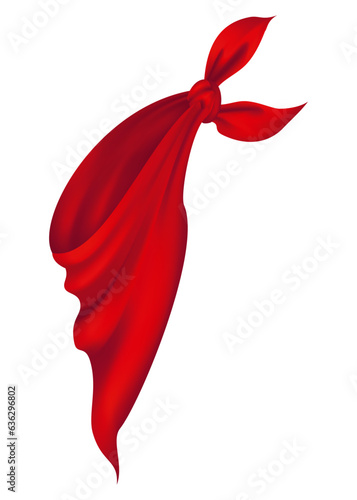 Red realistic bandana on neck. Youth fashion neck scarf or cowboy garment element template. Biker face scarf, bandanna neck shawl. Blank handkerchief unisex uniform. Western clothes