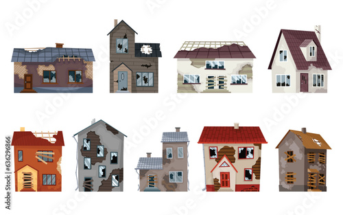 Old weathered houses and dwellings collection. Abandoned home in bad condition. Bad old trouble buildings with damaged roof, shabby walls and exteriors. Set of isolated neglected property