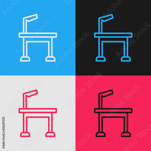 Pop art line Pet grooming table icon isolated on color background. Vector