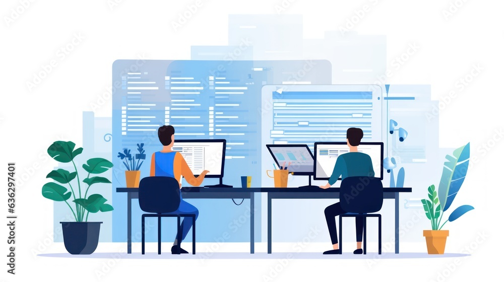 People sitting in front of the computer and write computer code illustration People sitting in front of the computer and write computer code illustration
