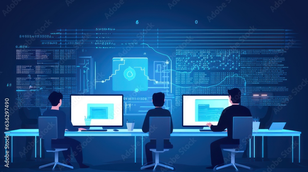 People sitting in front of the computer and write computer code illustration People sitting in front of the computer and write computer code illustration