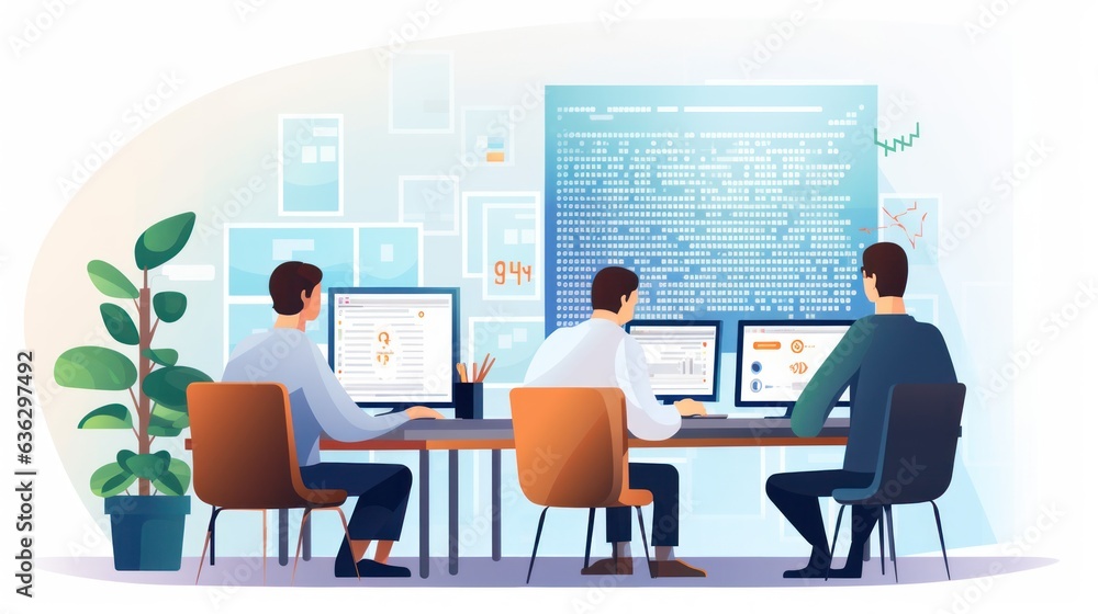People sitting in front of the computer and write computer code illustration People sitting in front of the computer and write computer code illustration