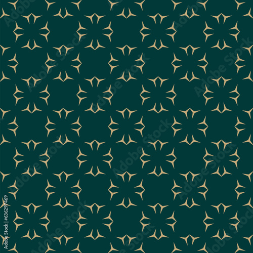 Vector floral minimalist seamless pattern. Elegant golden ornamental texture in oriental style. Abstract background with geometric flower silhouettes. Simple geo wallpaper in dark green and gold color