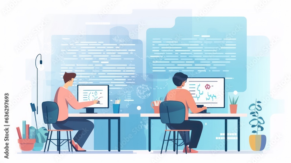 People sitting in front of the computer and write computer code illustration People sitting in front of the computer and write computer code illustration