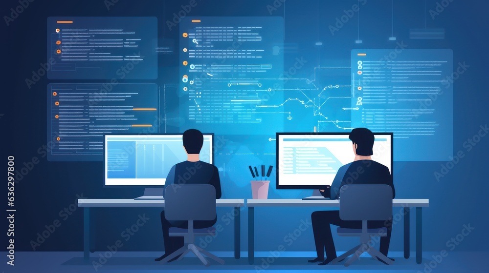 People sitting in front of the computer and write computer code illustration People sitting in front of the computer and write computer code illustration