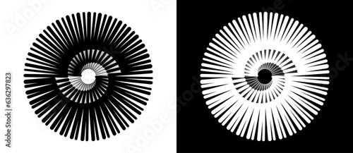 Abstract background with lines in circle. Creative spiral as logo or icon. Black lines on a white background and white lines on the black side.