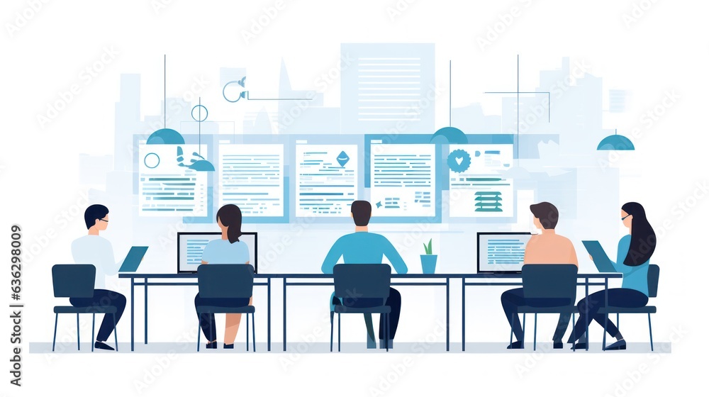 People sitting in front of the computer and write computer code illustration People sitting in front of the computer and write computer code illustration