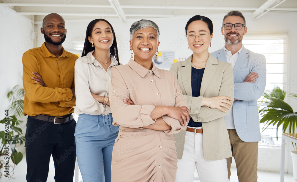 © Wesley/peopleimages.com - Portrait, management and arms crossed with a business team in the office for collaboration. Teamwork, diversity and leadership with a happy employee group together in their professional workplace © Wesley/peopleimages.com - Portrait, management and arms crossed with a business team in the office for collaboration. Teamwork, diversity and leadership with a happy employee group together in their professional workplace