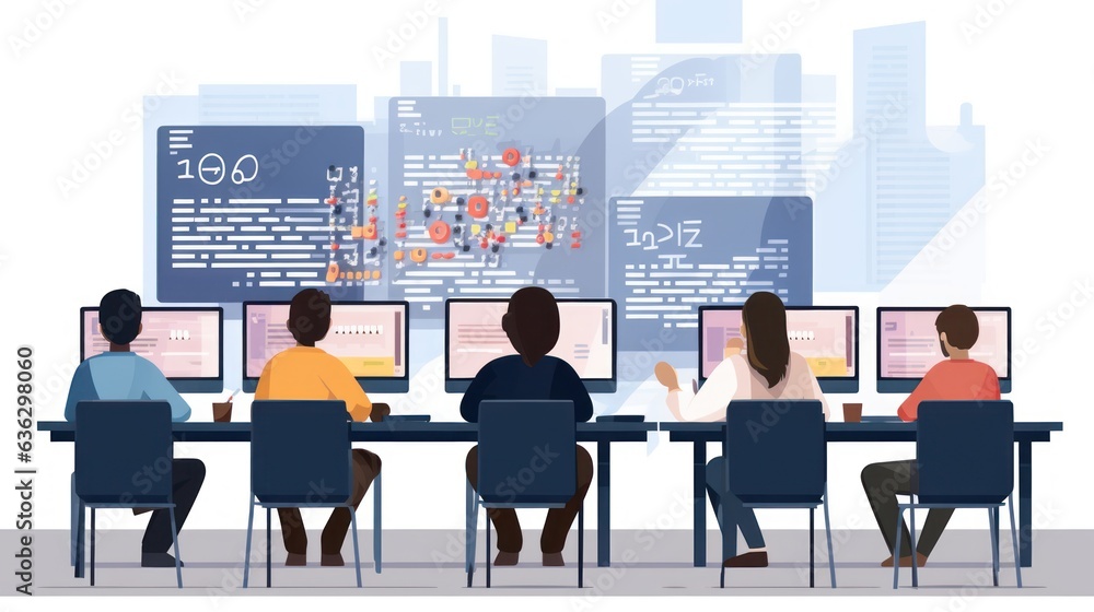 People sitting in front of the computer and write computer code illustration People sitting in front of the computer and write computer code illustration