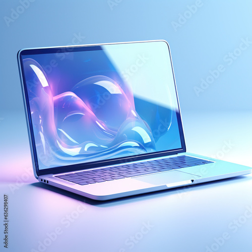 Gaming Laptop frosted glass studio lighting on white background.  3D Mockup Neon computer with glow color light on blue background