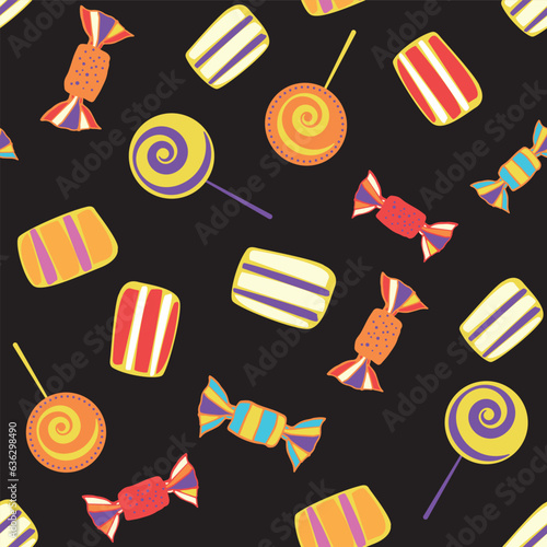 Halloween sweets seamless pattern. Vector design candies with halloween elements scattered background. Many types spooky dessert. Colorful treats backdrop. Fun repeat for kids, Treat or Treat products