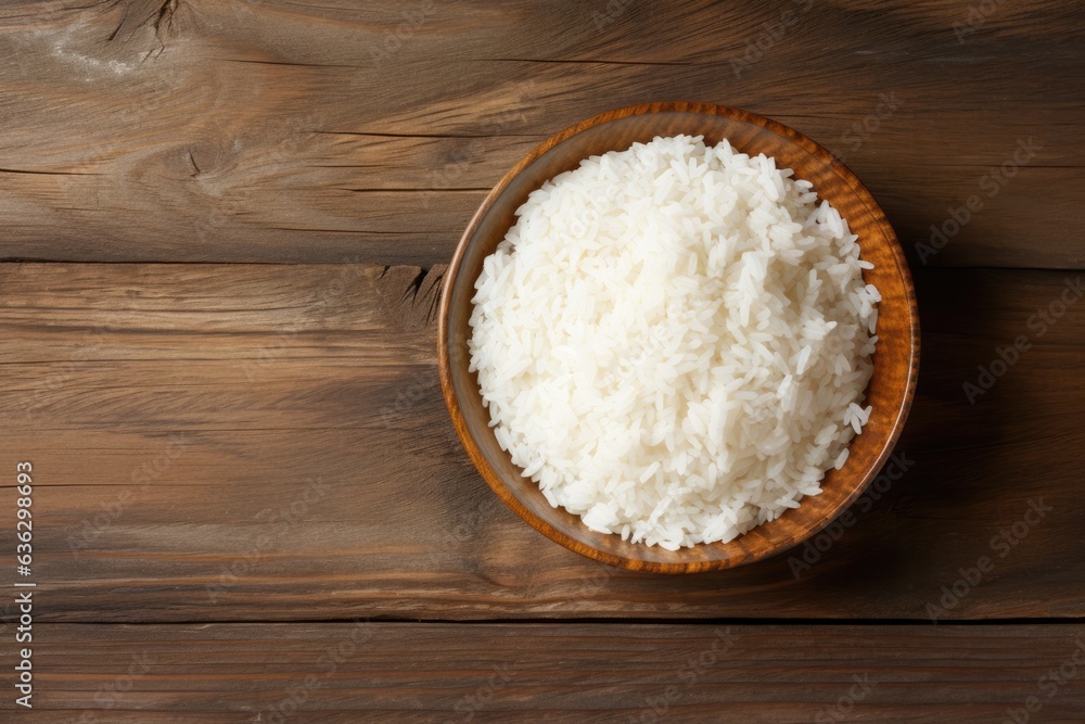 Bowl of rice on wooden table top. Overhead view. Bowl of rice on wooden table top. Overhead view.