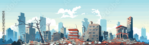 Slika na platnu destroyed city demolished buildings vector flat isolated illustration