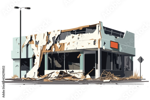 Fototapete destroyed shop demolished building vector flat isolated illustration