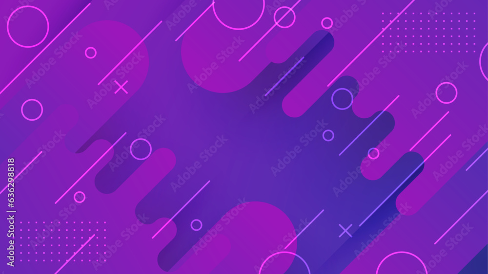 Modern colorful abstract background in purple and blue gradient with fluid shape and geometric memphis elements for business, music, technology banner template, poster, web design. 