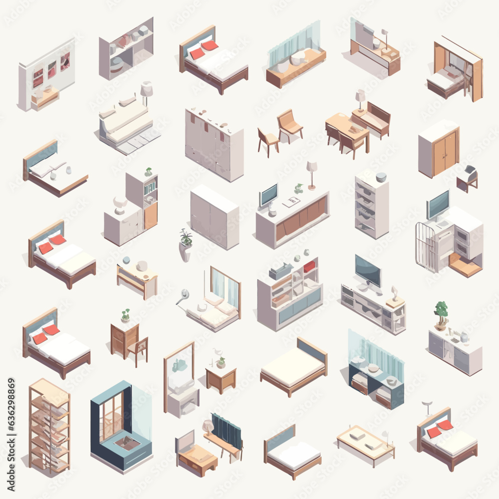 Rooms set isometric vector flat minimalistic isolated illustration