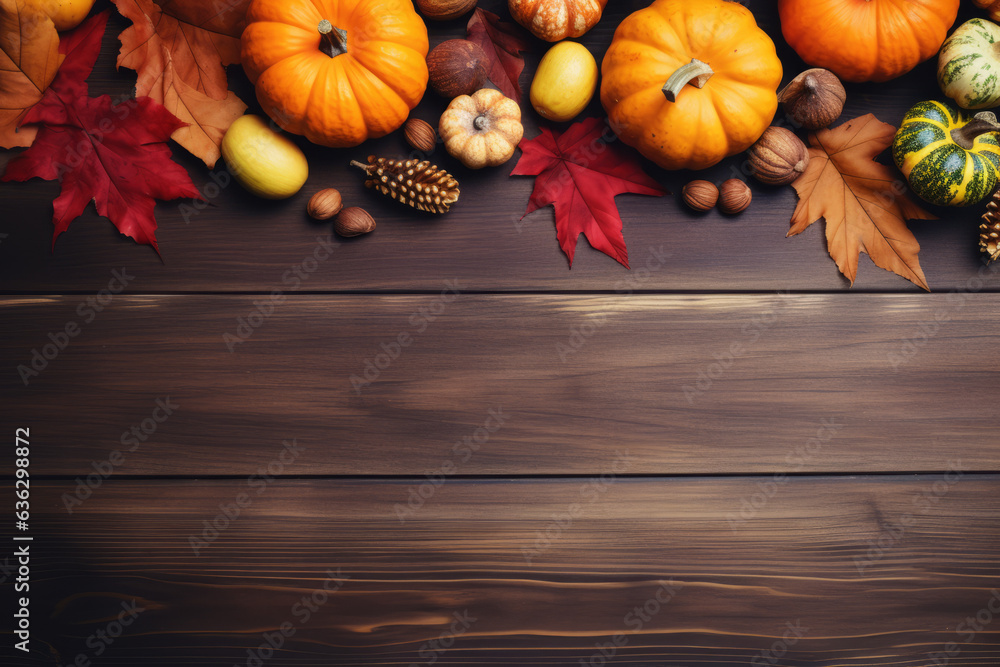 Thanksgiving Background. Autumn banner of pumpkins and fall decor on a rustic wood background with copy space. Generative AI. Thanksgiving Background. Autumn banner of pumpkins and fall decor on a rustic wood background with copy space. Generative AI.