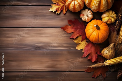 Thanksgiving Background. Autumn banner of pumpkins and fall decor on a rustic wood background with copy space. Generative AI.