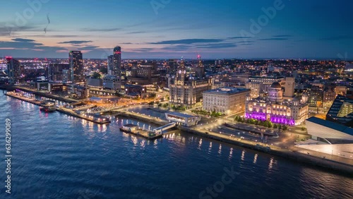 Liverpool City Skyline. Aerial Hyperlapse at Night. photo
