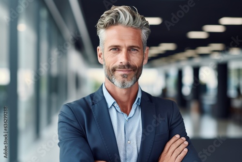 Handsome mature businessman in elegant formalwear standing with crossed arms and looking at the camera in office building.