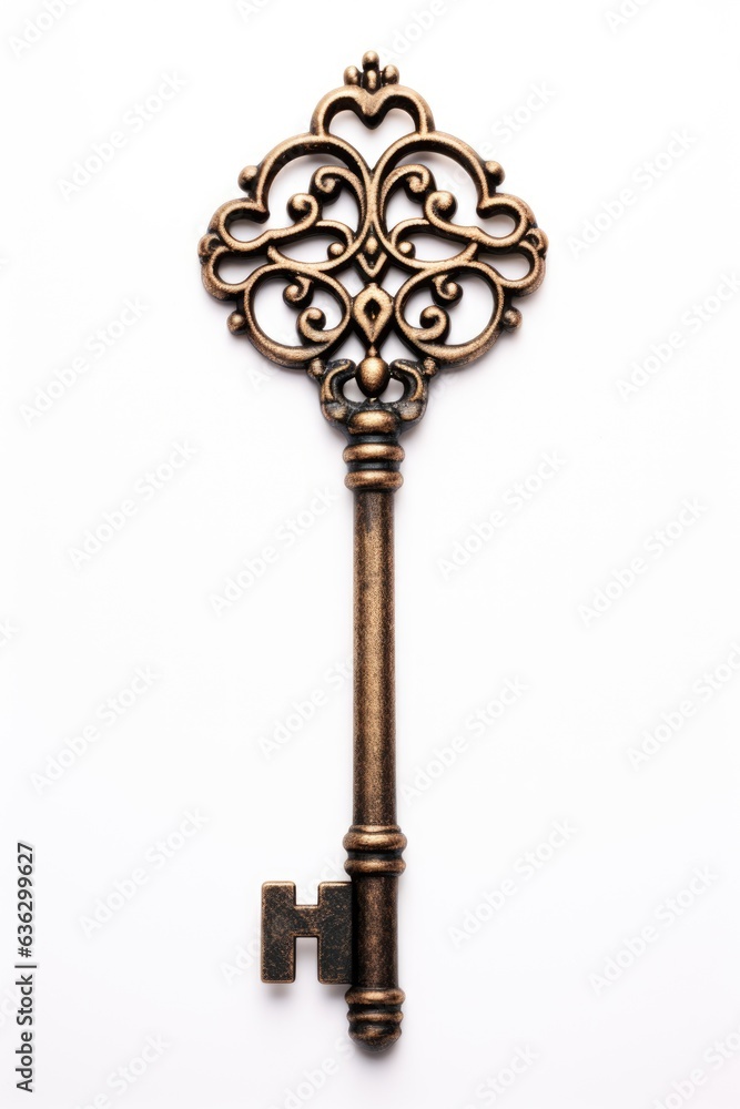 An old key with a filigree design on it. Digital image.