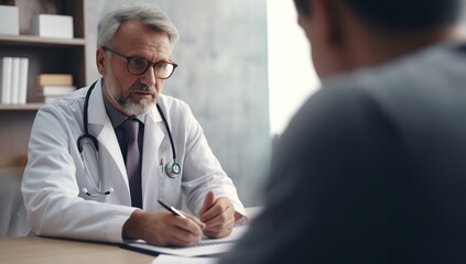 Male patient having consultation with doctor or psychiatrist who working on diagnostic examination on men's health disease or mental illness in medical clinic or hospital mental health service center