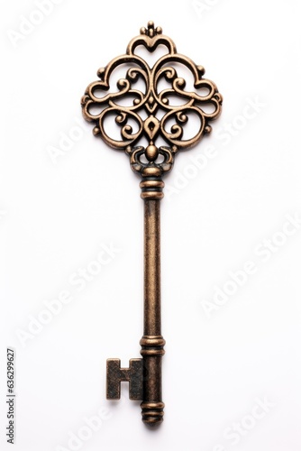 An old key with a filigree design on it. Digital image.