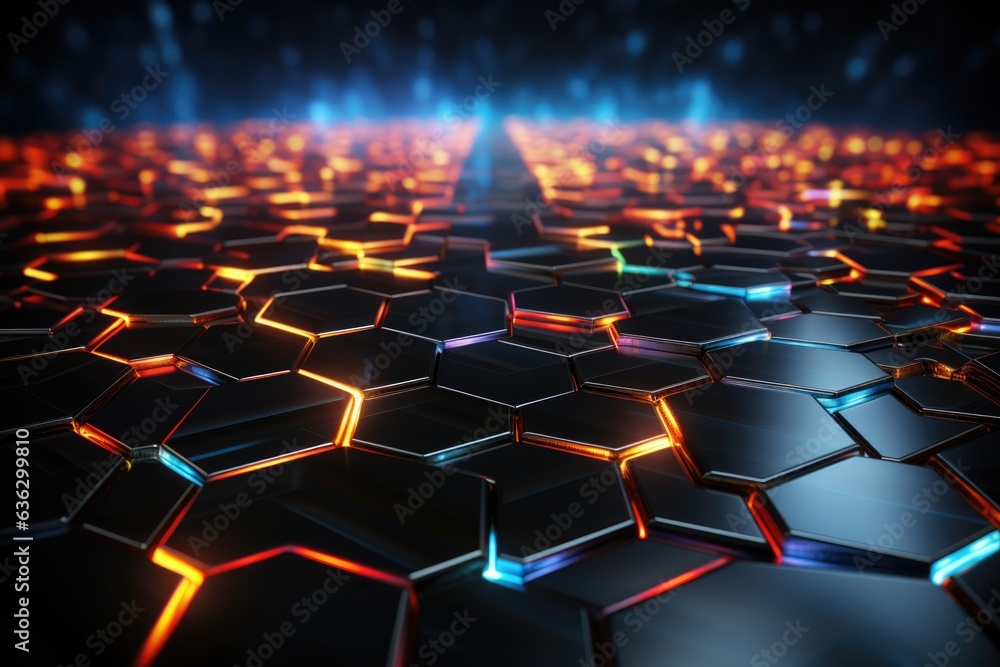 Obraz premium A computer keyboard with glowing hexagons on it. Digital image.