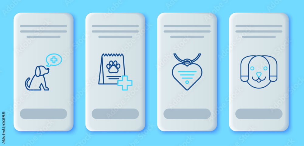 Set line Bag of food for dog, Collar with name tag and heart, Veterinary clinic symbol and Dog icon. Vector Set line Bag of food for dog, Collar with name tag and heart, Veterinary clinic symbol and Dog icon. Vector