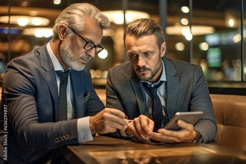 Senior businessman using digital tablet with his younger business colleague. Multi-aged business partners working together in office. Senior businessman using digital tablet with his younger business colleague. Multi-aged business partners working together in office.