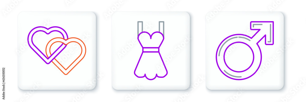 Set line Male gender symbol, Two Linked Hearts and Woman dress icon. Vector