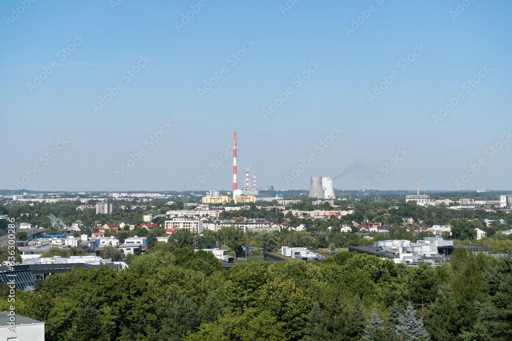 Krakow panorama from Krakus Mound, Kopiec Kraka, Krakusa or Krak Mound in Kraków, Poland. Scenic landscape of Cracow city, with the view of heat power station in Łęg.