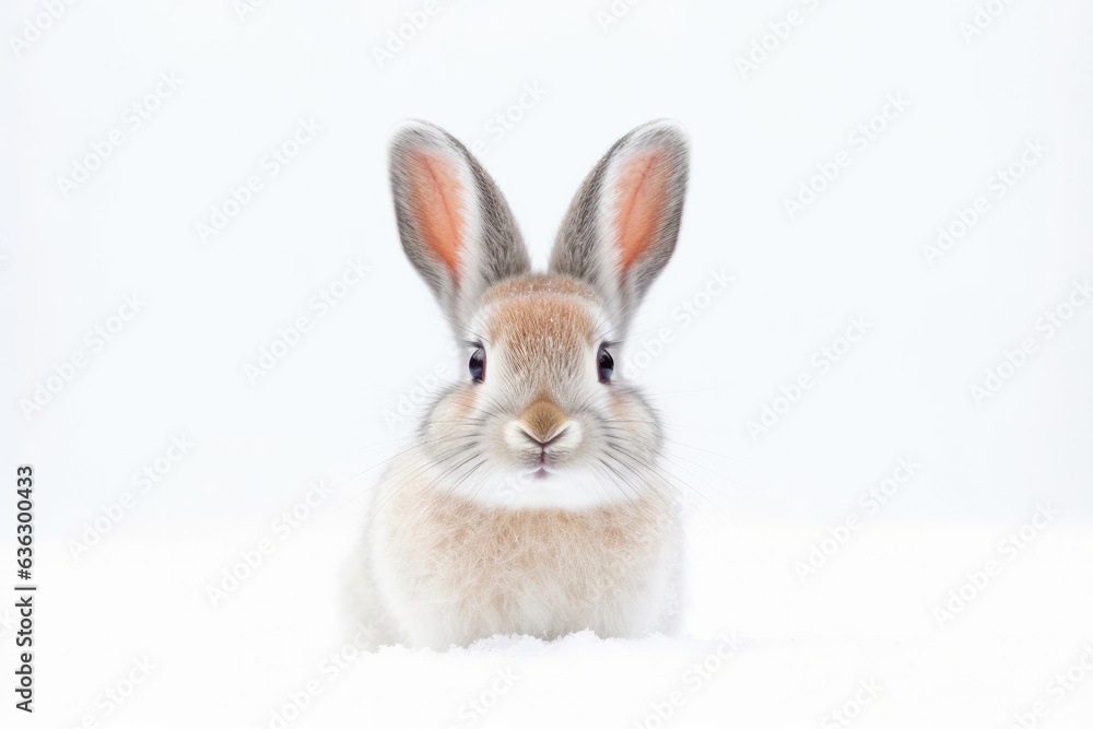 Portrait of cute bunny or rabbit sitting in snow in winter