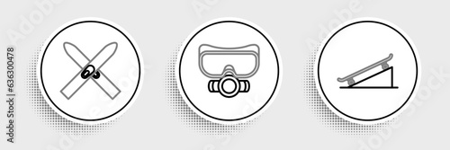 Set line Skateboard on street ramp, Ski and sticks and Diving mask icon. Vector