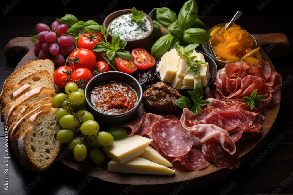 A traditional Italian antipasto platter, showcasing a variety of cured meats, cheeses, ai generated.